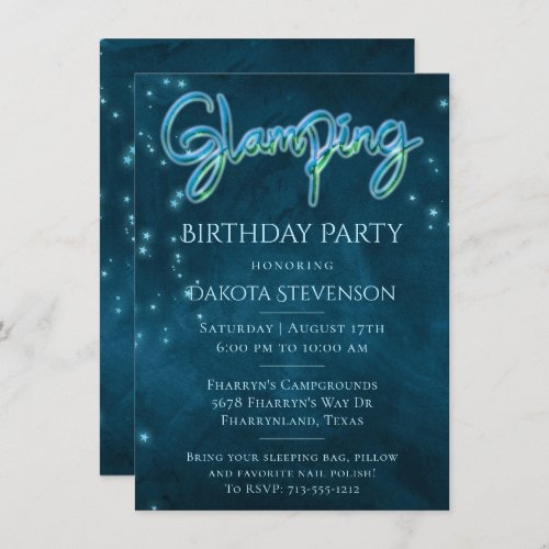 Glamping Birthday Party  Dark Neon Blue Teal Star Invitation