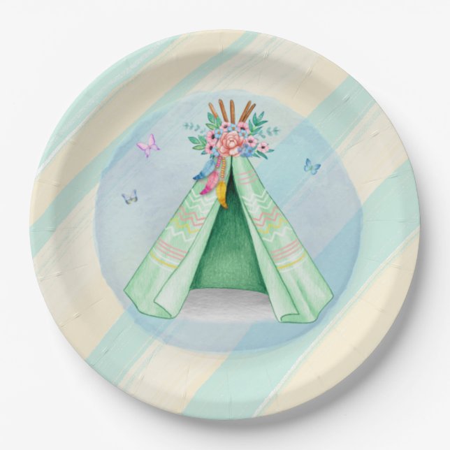 Glamping Camping Green Tent Sleepover Outdoors Paper Plates (Front)