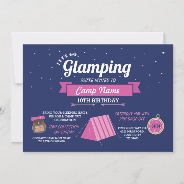 Glamping Camping Navy Pink Girl's Invitation (Front)