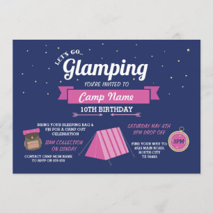 Glamping Camping Navy Pink Girl's Invitation