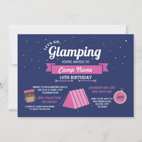 Glamping Camping Navy Pink Girls Invitation