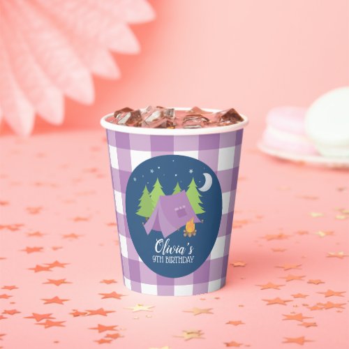 Glamping Girl Camping Birthday party purple plaid Paper Cups