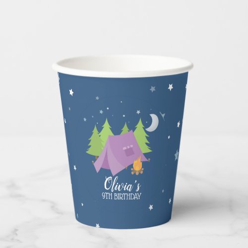 Glamping Girl Camping Birthday party purple tent Paper Cups