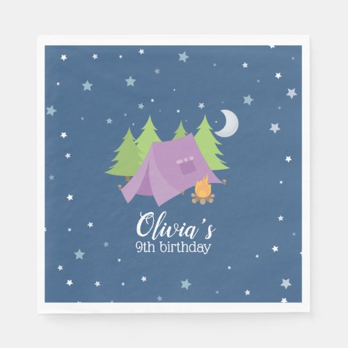 Glamping Girl Purple Tent Camping Birthday Napkins