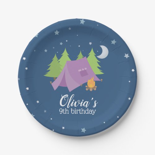 Glamping Girl Purple Tent Camping Birthday Paper Plates