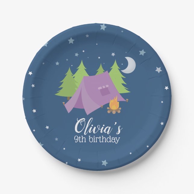 Glamping Girl Purple Tent Camping Birthday Paper Plates (Front)