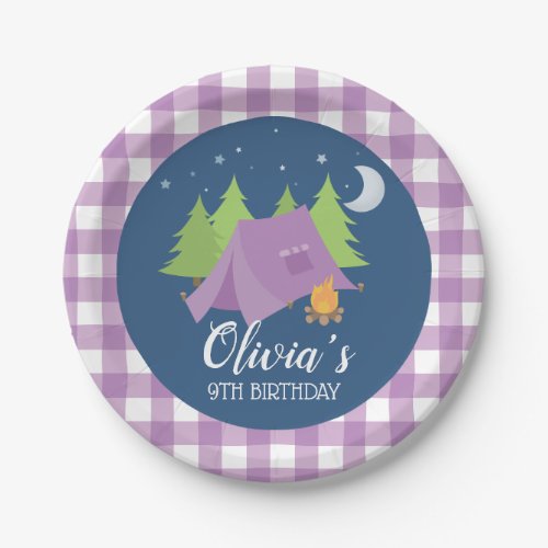 Glamping Girl purple tent Camping Birthday party Paper Plates