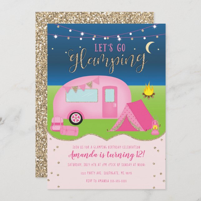 Glamping Girls Camping Birthday Invitation (Front/Back)