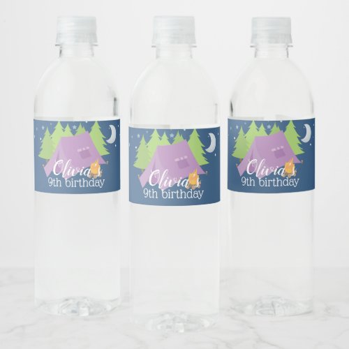 Glamping Girls purple Camping Birthday Water Bottle Label