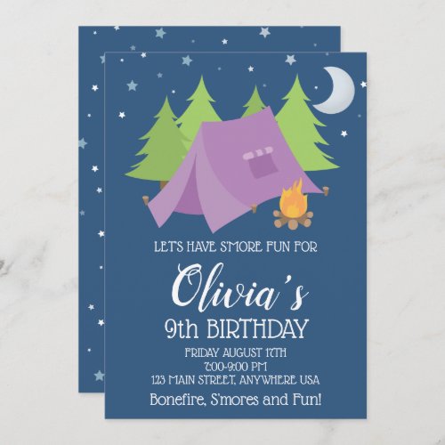 Glamping Girls Purple Camping Sleepover birthday Invitation