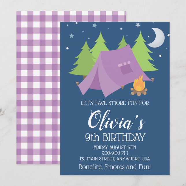 Glamping Purple plaid Camping Sleepover birthday Invitation (Front/Back)