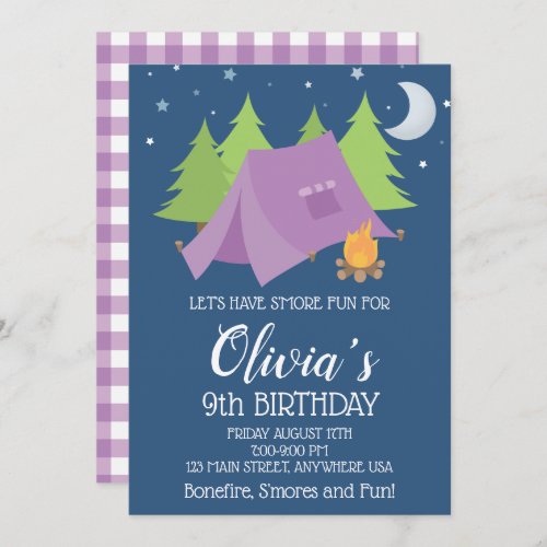 Glamping Purple plaid Camping Sleepover birthday Invitation