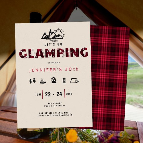 Glamping Red Plaid Rhinestones 30th Birthday Party Invitation