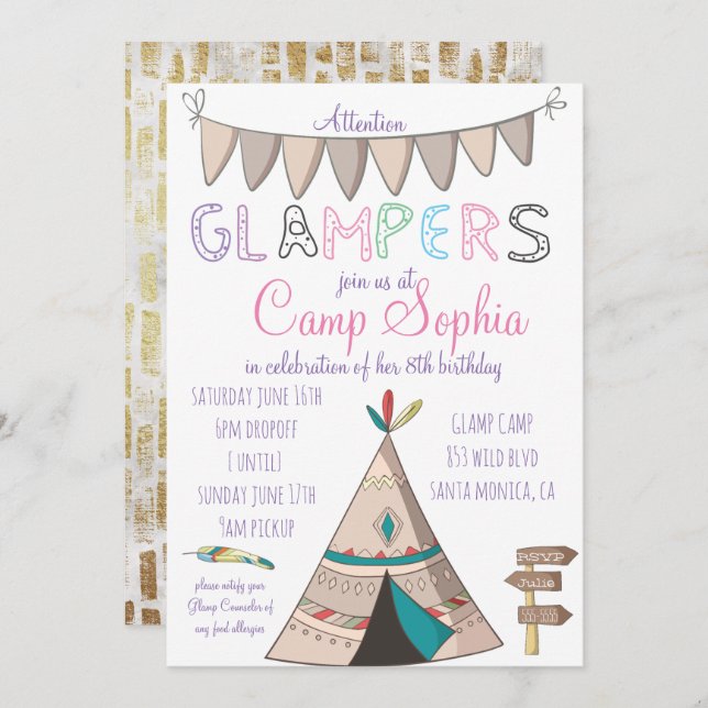 Glamping Themed Birthday Invitation (Front/Back)