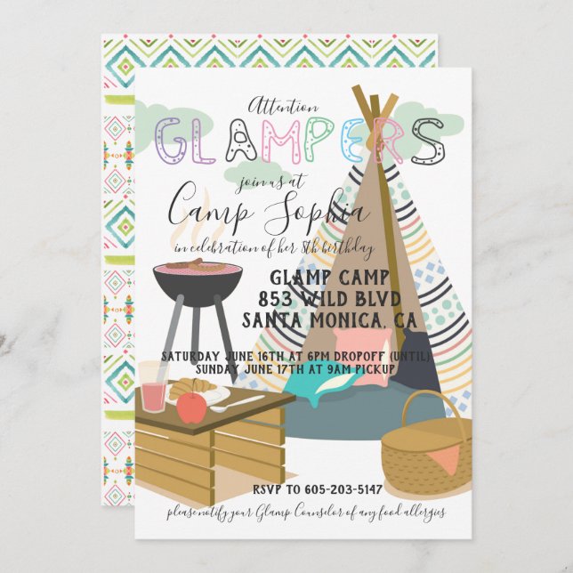 Glamping Themed Birthday Invitation (Front/Back)