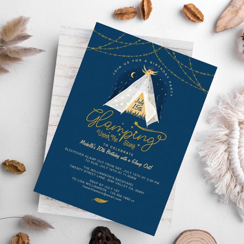 Glamping Under the Stars Tepee Navy  Gold Camping Invitation