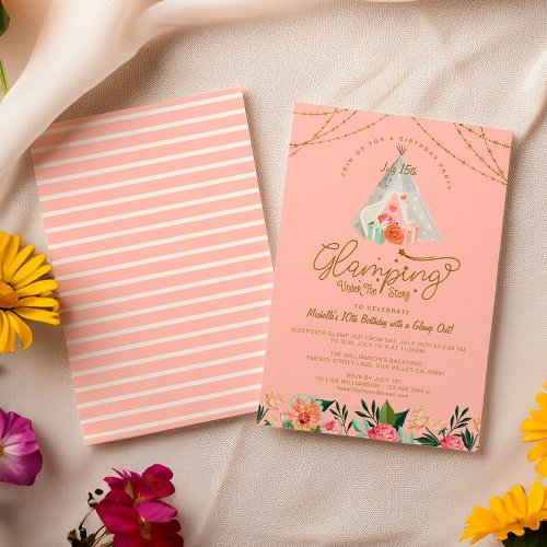 Glamping Under the Stars Tepee Pink  Gold Camping Invitation