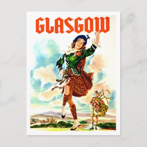 Glasgow dancing girl in national costume vintage postcard