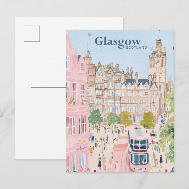 Glasgow Scotland Gouache Paint Illustration Travel Postcard (Front/Back)