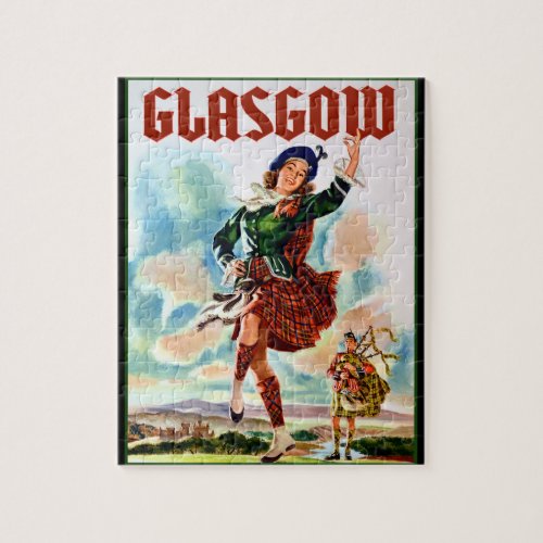 Glasgow Scottisn Girl Dancing with Bagpiper Jigsaw Puzzle