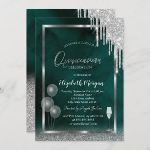 Glass,Balloons,Glitter Drips,Green Quinceañera Invitation