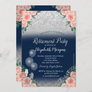 Glass Balloons Glitter Floral Navy Blue Retirement Invitation