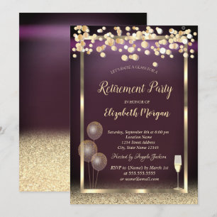 Glass Balloons Glitter Gold Burgundy Retirement Invitation