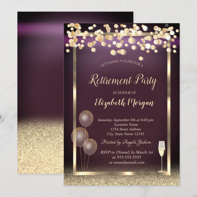  Glass Balloons Glitter Gold Burgundy Retirement  Invitation (Front/Back)