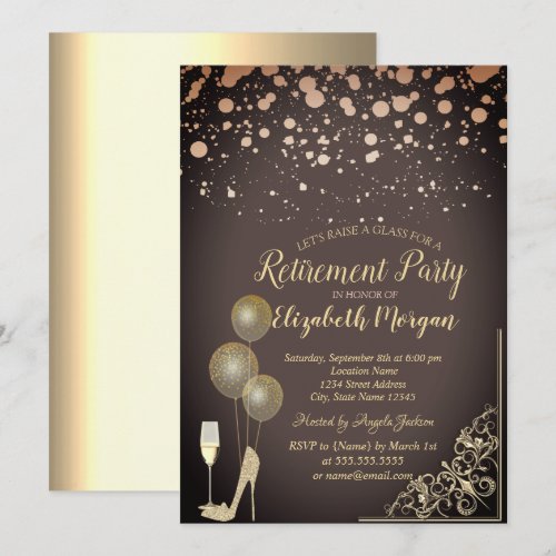 Glass Balloons Glitter Heels Burgundy Retirement Invitation