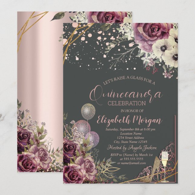 Glass Balloons Glitter Heels Flowers Quinceañera Invitation (Front/Back)