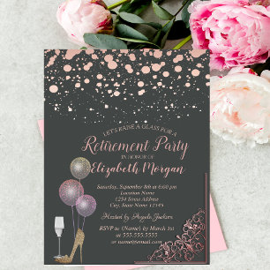 Glass Balloons Glitter Heels Rose Gold Retirement Invitation