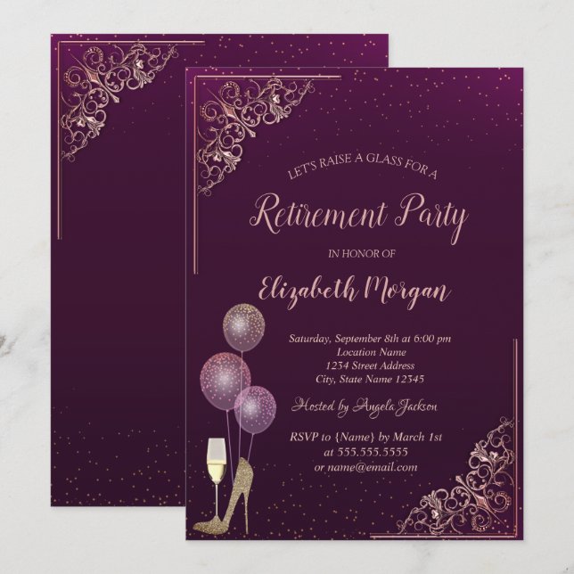 Glass Balloons Glitter Heels Violet Retirement Invitation (Front/Back)