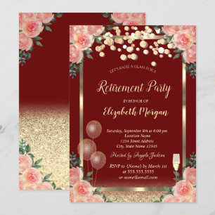 Glass Balloons Glitter Roses Burgundy Retirement Invitation