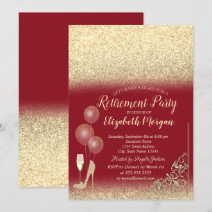 Glass Balloons Gold Glitter Red Retirement Invitation