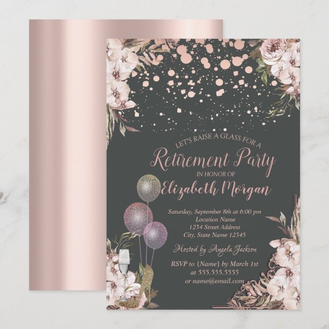 Glass Balloons Heels Boho Flowers Retirement Invitation (Front/Back)