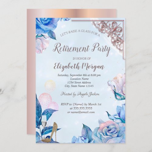 Glass BalloonsHeels Rose GoldFlowers  Retirement Invitation