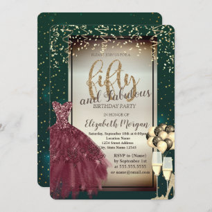 Glass,Balloons,Red Dress,Green 50th Birthday Invitation