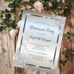 Glass Balloons Silver Glitter Drips Retirement Invitation