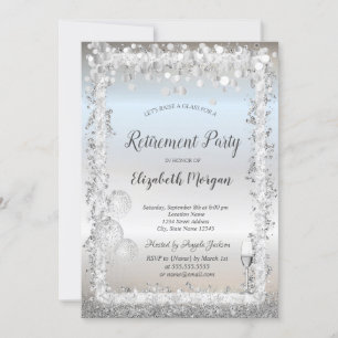 Glass Balloons Silver Glitter Frame Retirement Invitation