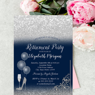 Glass Balloons Silver Glitter Navy Blue Retirement Invitation