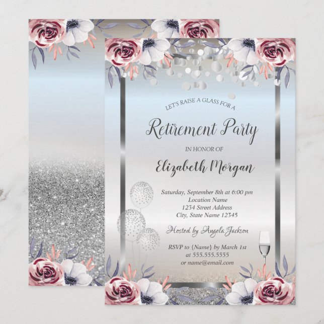 Glass Balloons Silver Glitter Roses Retirement  Invitation (Front/Back)