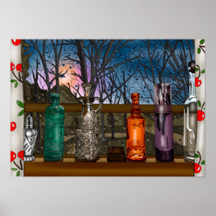 Glass Bottles in Window full of Raindrops Poster