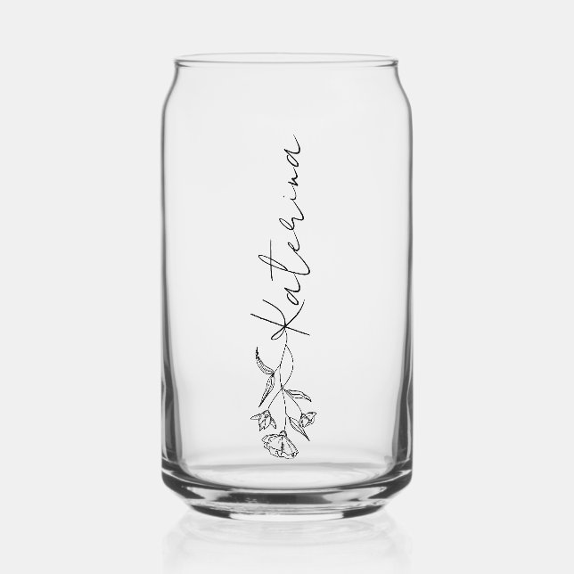 Glass Can With Name Elegant Floral Design (Front)