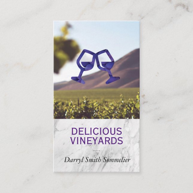 Glass Cheers Grapes | White Marble | Vineyard Business Card (Front)