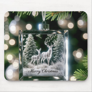 Glass Christmas Deer Ornament On Pine Tree Mouse Pad