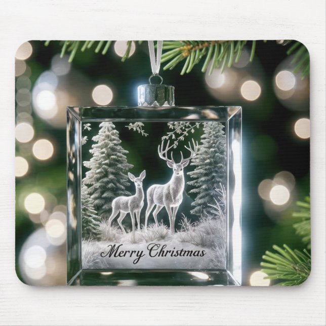 Glass Christmas Deer Ornament On Pine Tree Mouse Pad (Front)