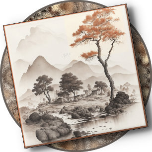 GLASS COASTER - A Village, Red Tree & Mountains