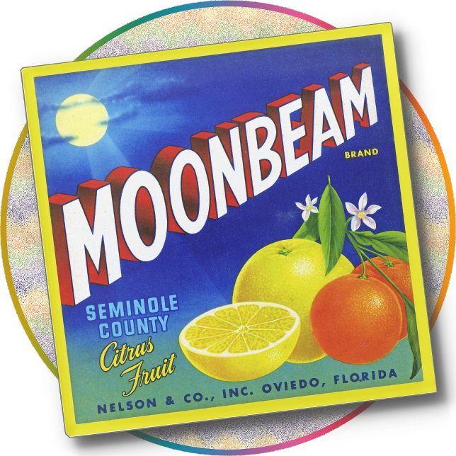Glass COASTER - Moonbeam Citrus - Crate Label (Glass COASTER -  Moonbeam Citrus - a colorful image of a vintage crate label)