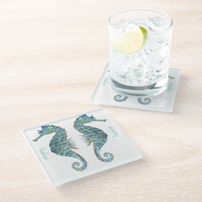 Glass Coaster - Nautical Seahorse  (Angled)