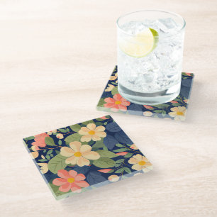 Glass Coaster Navy Peach Pink Floral Botanical